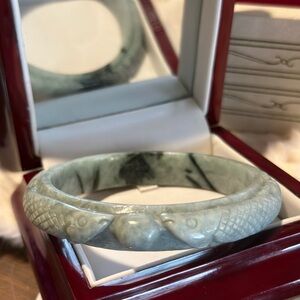 🐟 Jade Lucky Fish 🐟 Burmese Jadeite Jade Carved Bangle Bracelet LARGE 7.75”